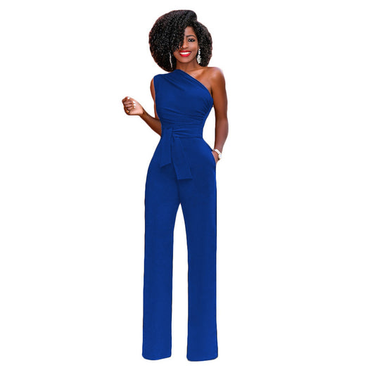 Women's Solid Color Diagonal Collar Button One-piece Pants