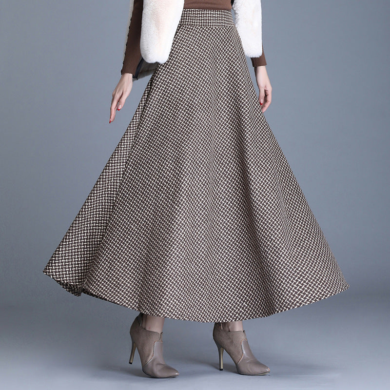 Women's Woolen Printed Checks Large Swing Elastic Skirts