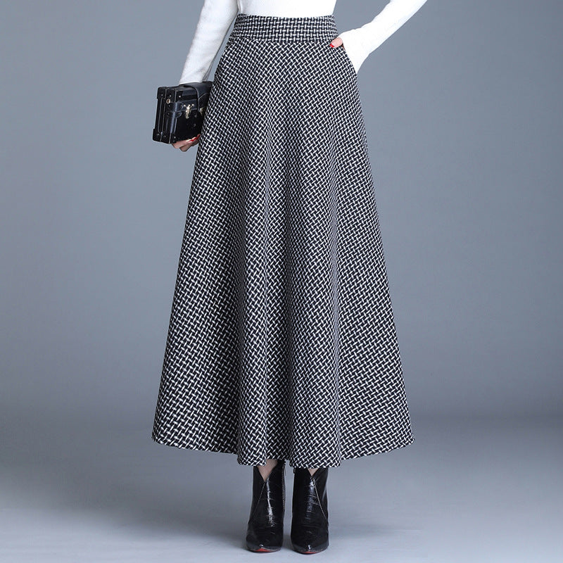 Women's Woolen Printed Checks Large Swing Elastic Skirts