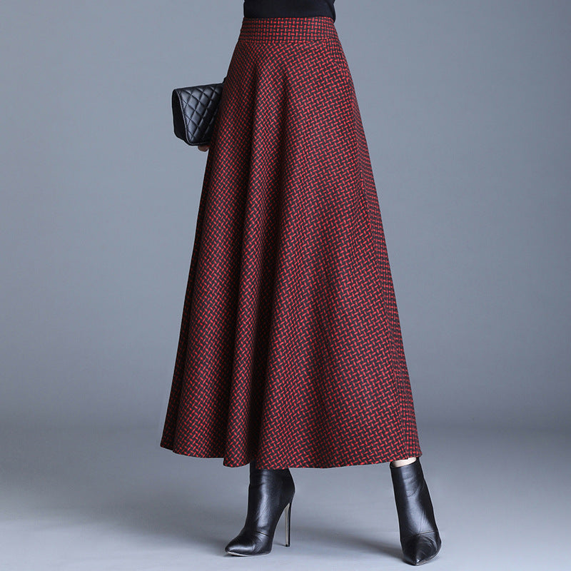 Women's Woolen Printed Checks Large Swing Elastic Skirts