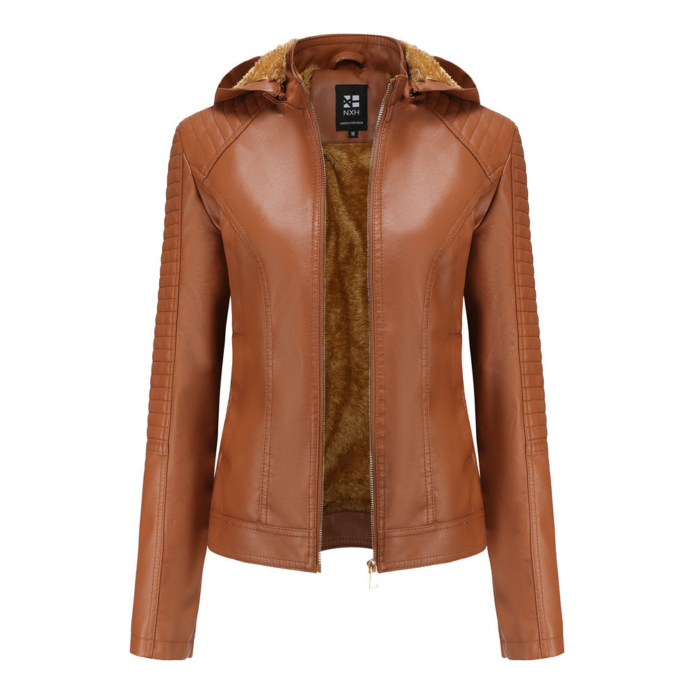 Women's Fleece-lined Leather Hooded Warm Leisure Jackets