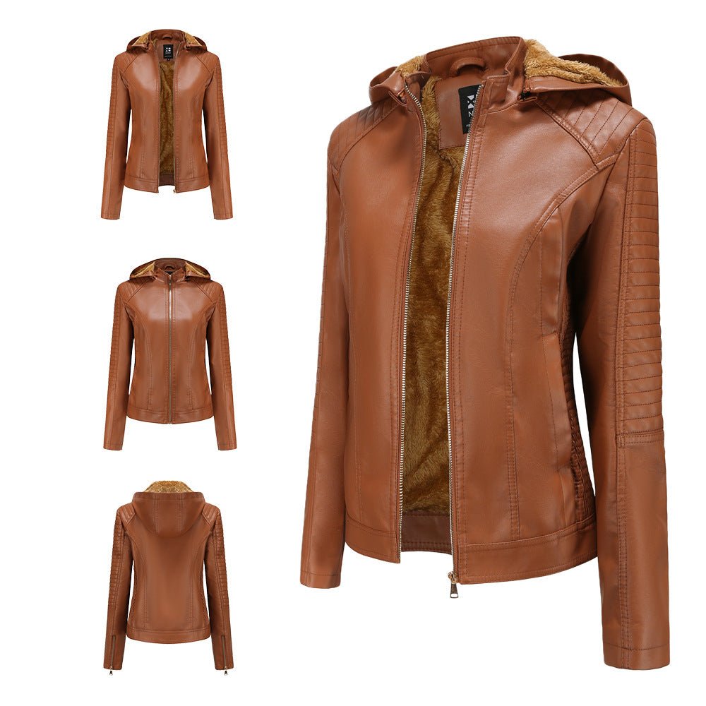 Women's Fleece-lined Leather Hooded Warm Leisure Jackets