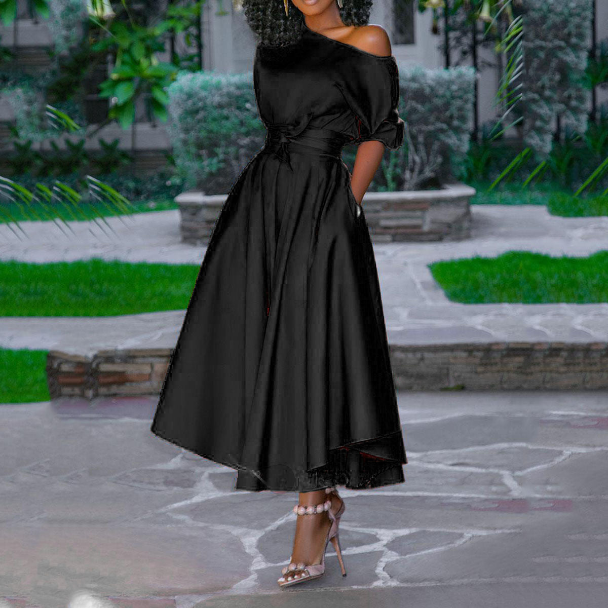 Women's Fashion Waist Slim Mid-length Dress Dresses