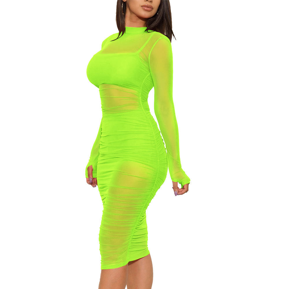 Plaid Nightclub Mesh Dress Three-piece Set Dresses
