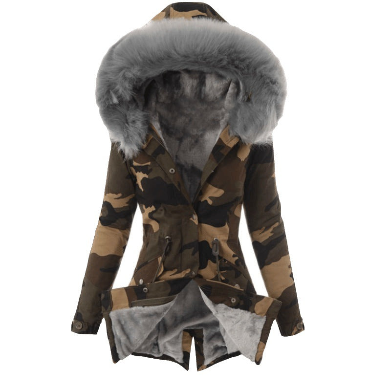 Women's Cotton Fur Collar Drawstring Camouflage Thermal Coats