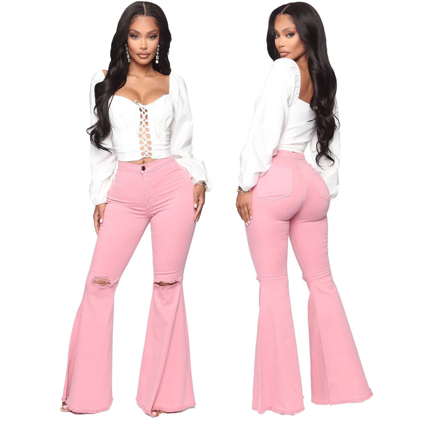 Fashion Wide Leg Knee Ripped Denim Jeans