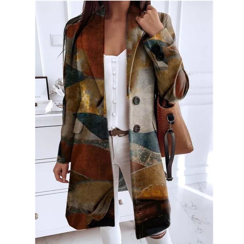 Women's Art Print Loose Oversized Woolen Coats