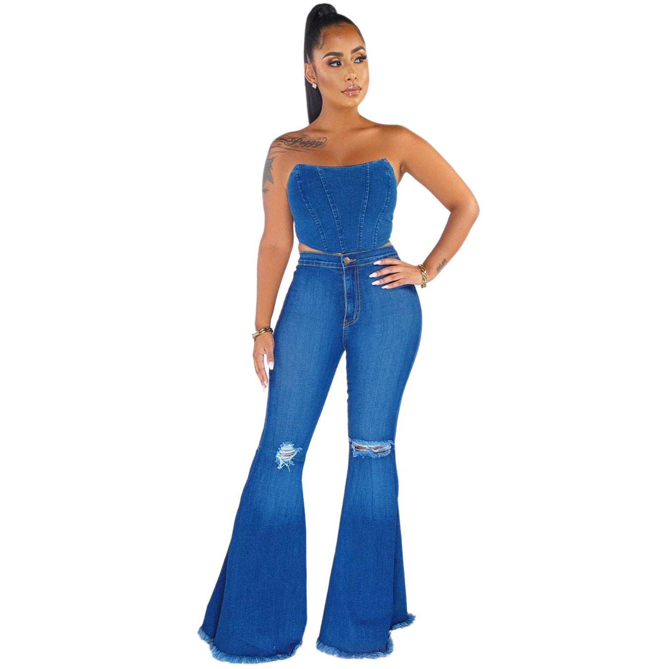 Fashion Wide Leg Knee Ripped Denim Jeans