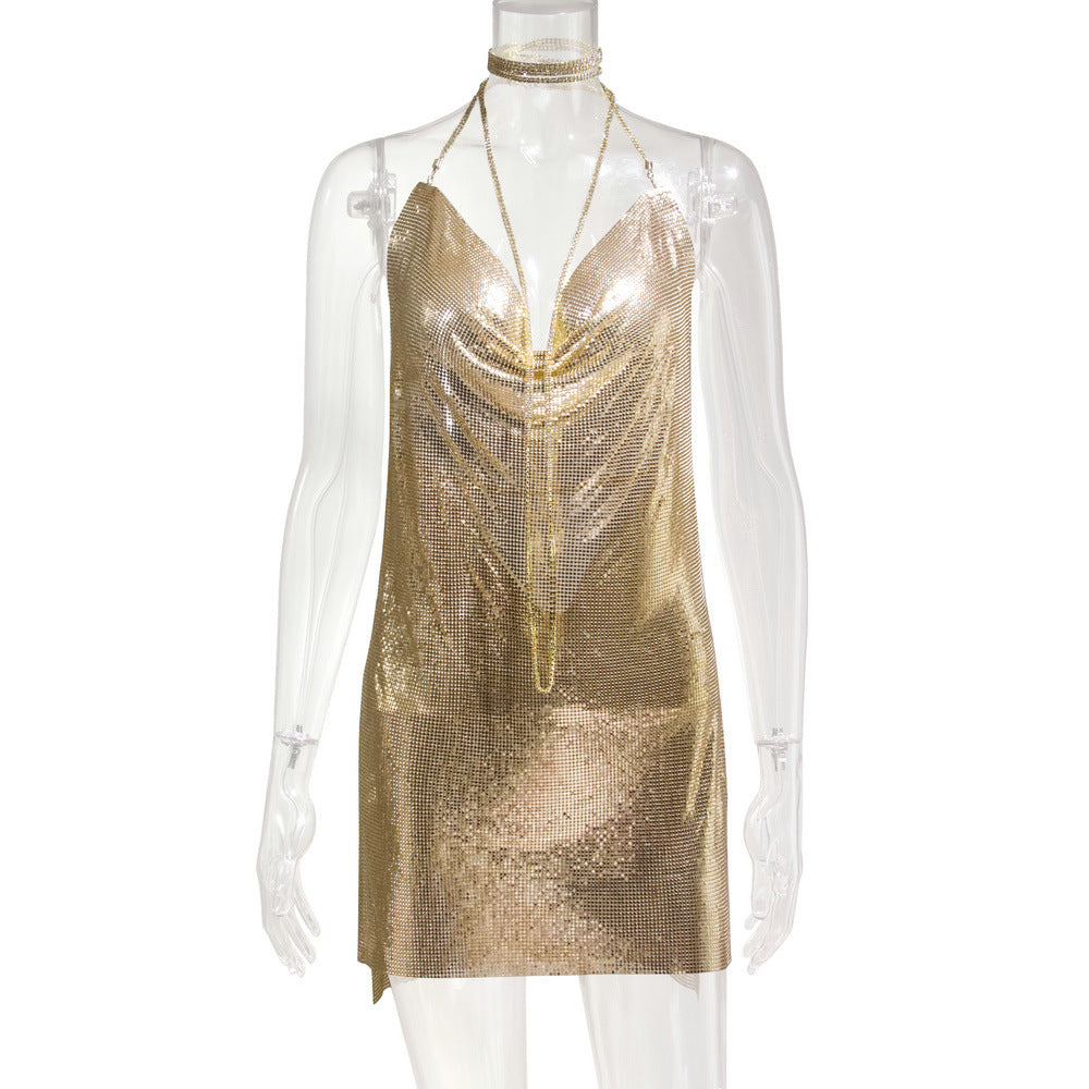 Women's Metal Sequins Sexy Brace Halter Diamond Dresses