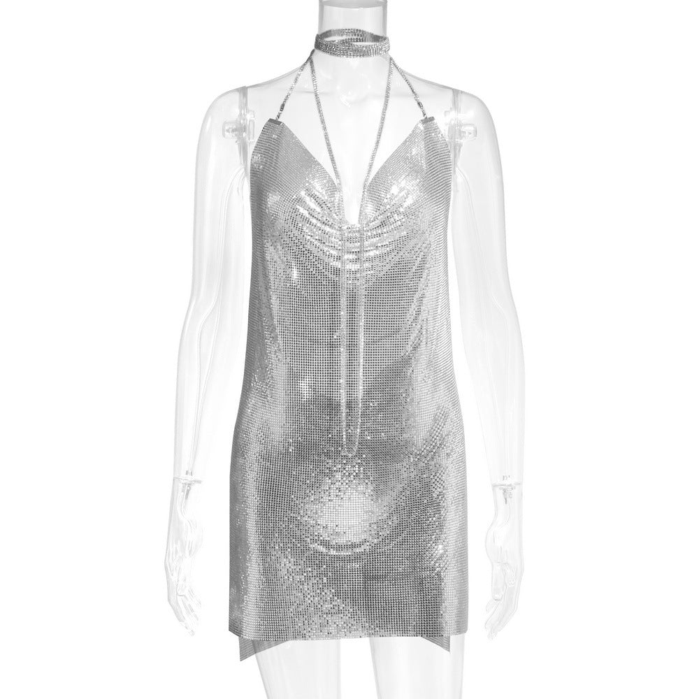 Women's Metal Sequins Sexy Brace Halter Diamond Dresses