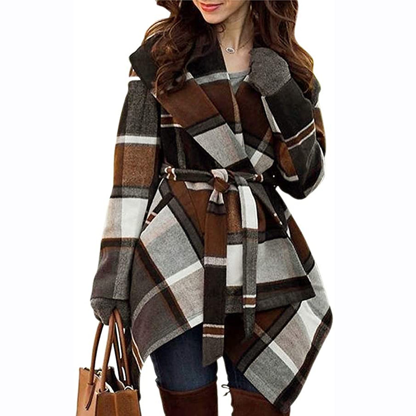 Women's Plaid Color Matching Woolen Mid-length Trench Coats