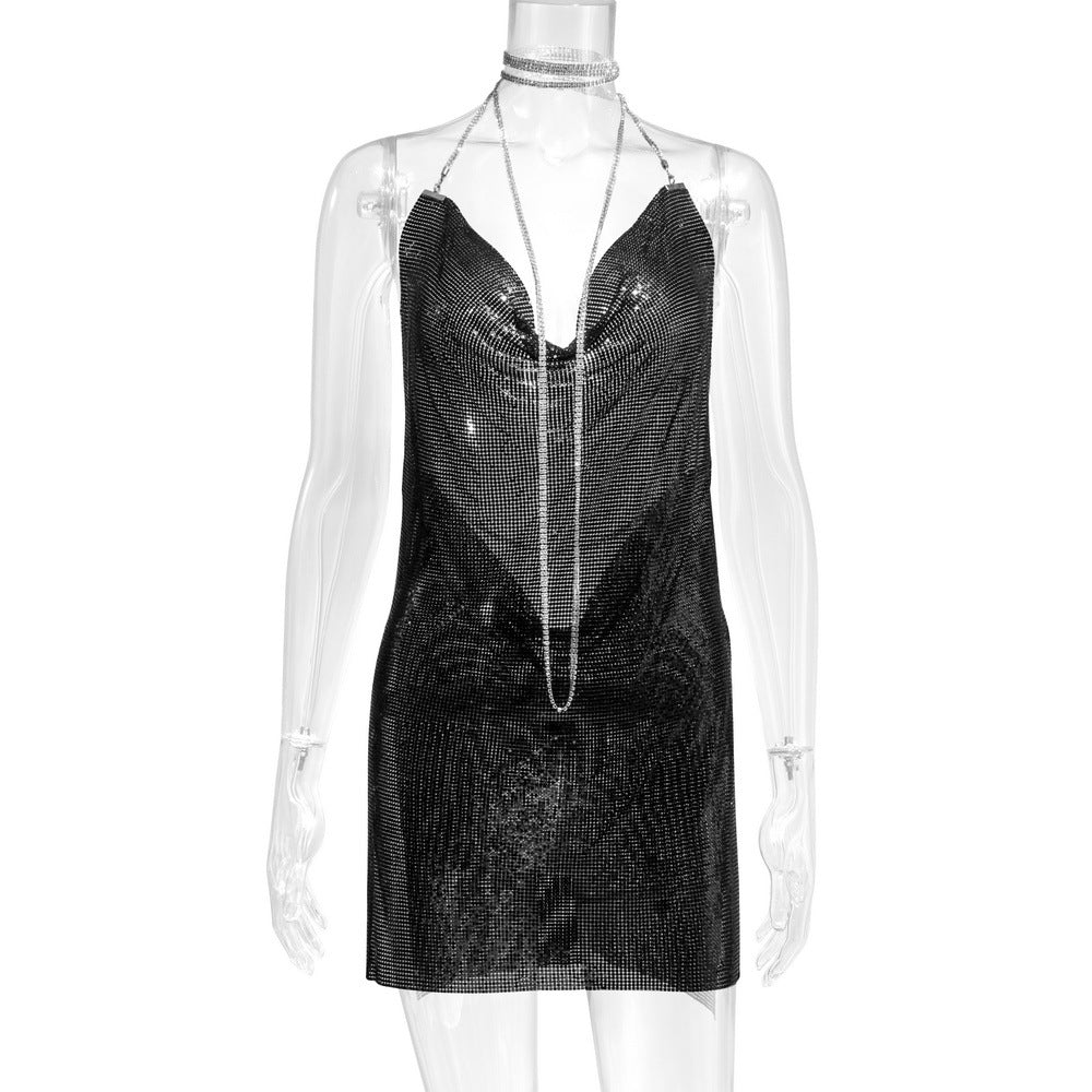 Women's Metal Sequins Sexy Brace Halter Diamond Dresses