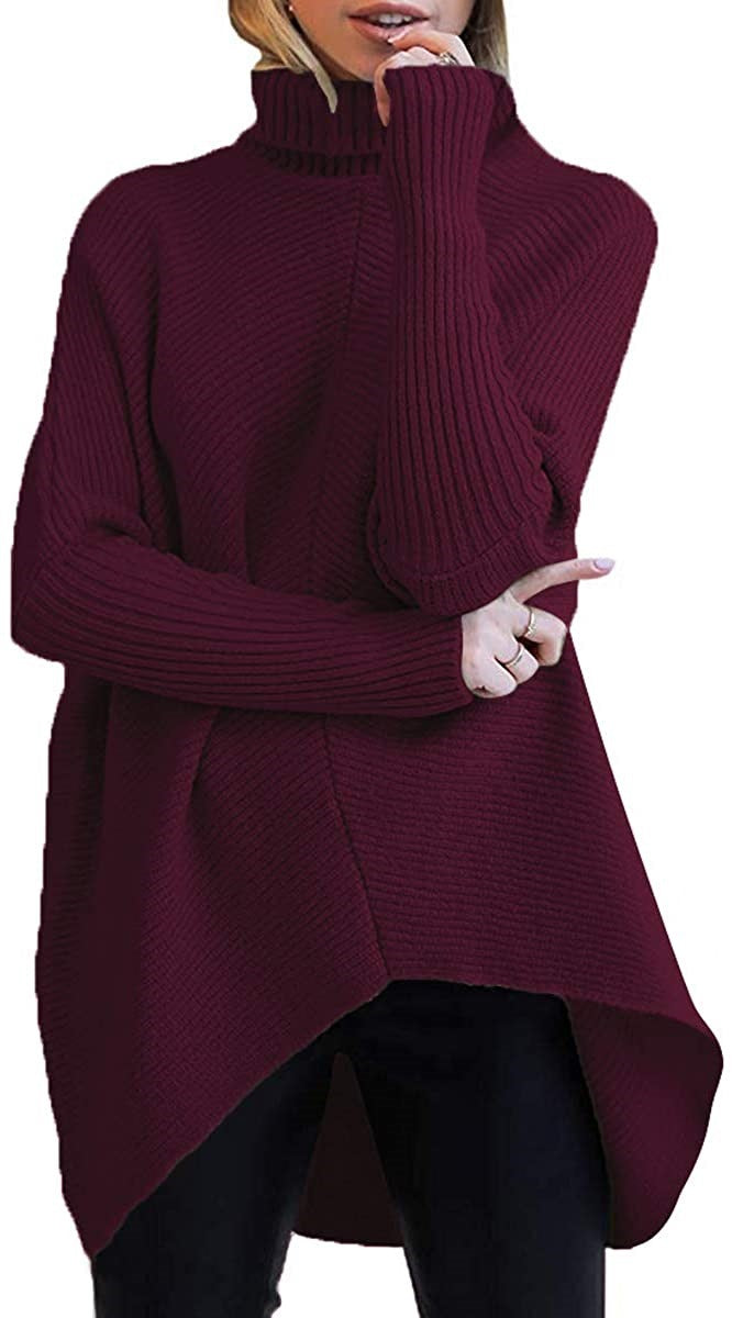 Women's Irregular Hem Turtleneck Pullover Long Sleeve Sweaters