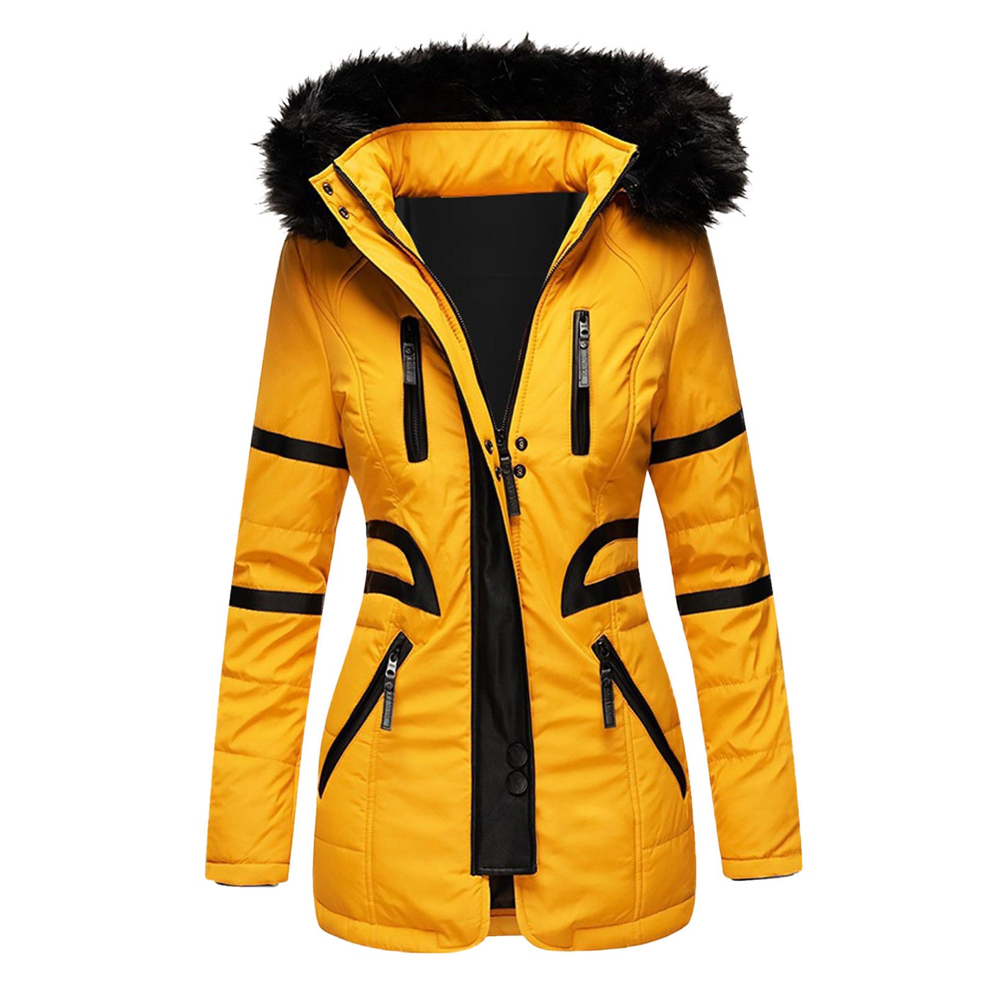 Women's Contrast Color Zipper Big Fur Collar Three-dimensional Coats