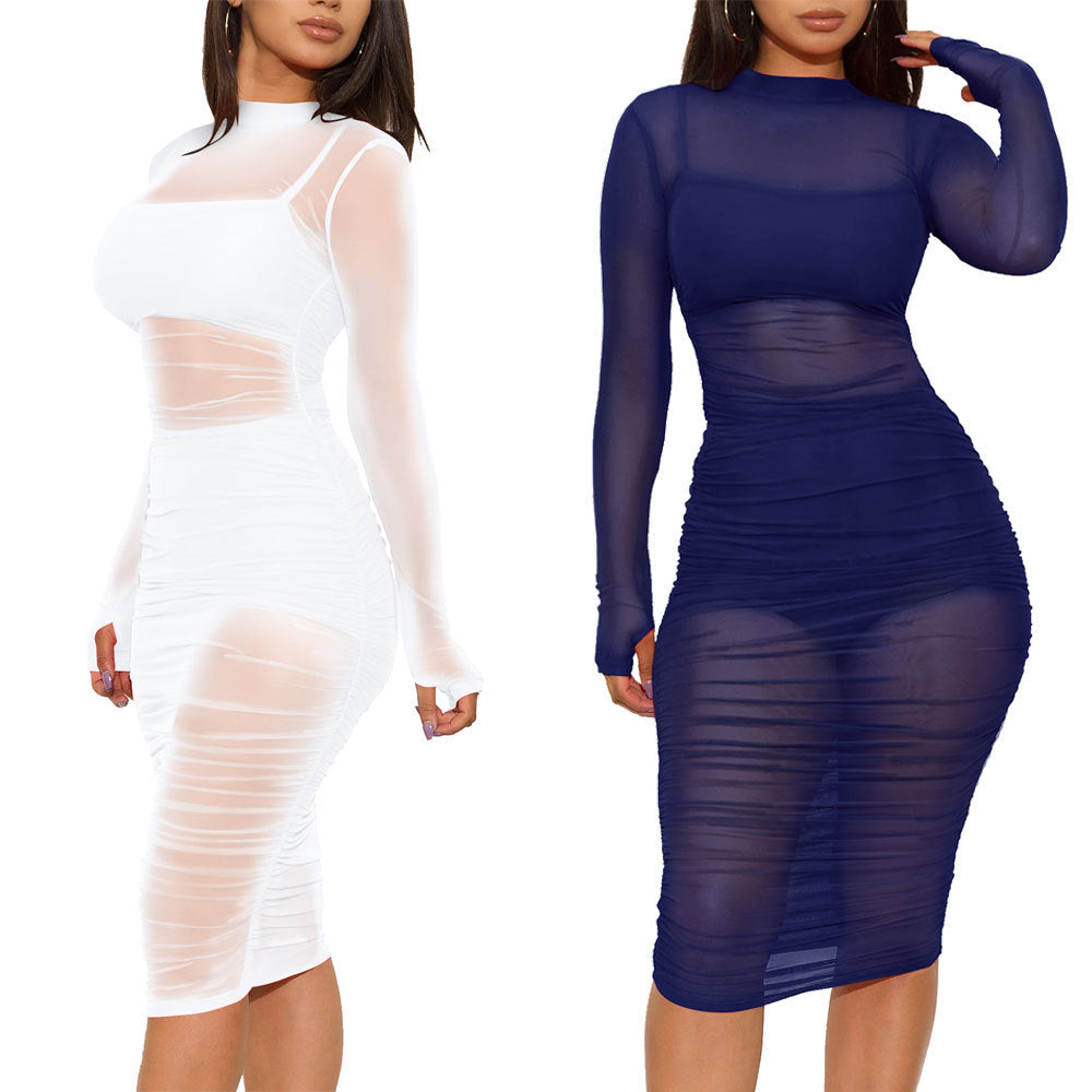Plaid Nightclub Mesh Dress Three-piece Set Dresses
