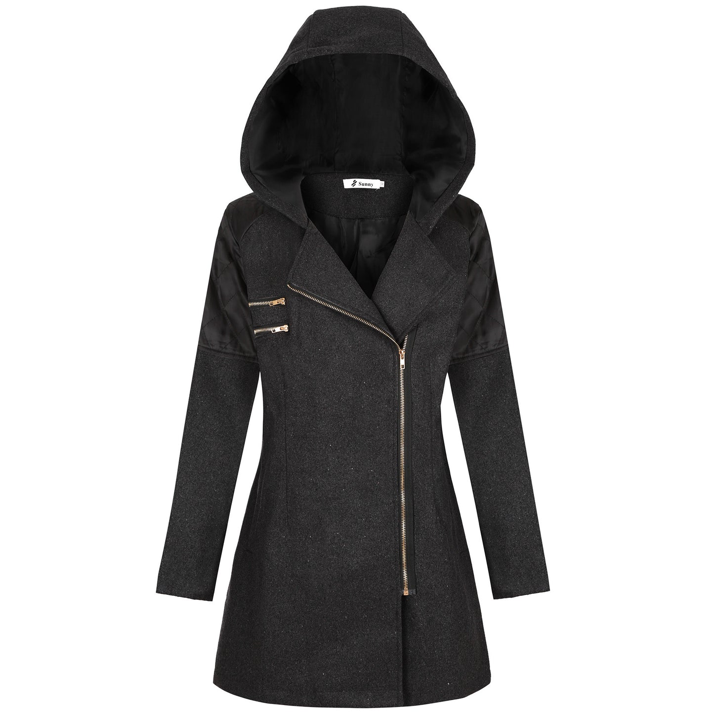 Women's Zipper Hooded Woolen Trench Mid-length Thick Coats
