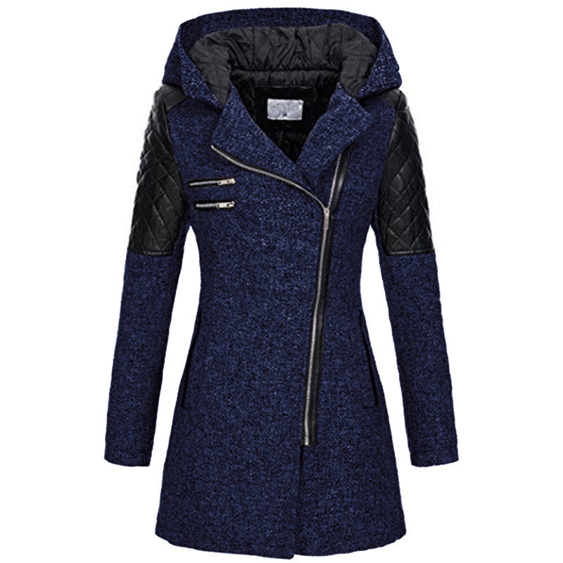 Women's Zipper Hooded Woolen Trench Mid-length Thick Coats
