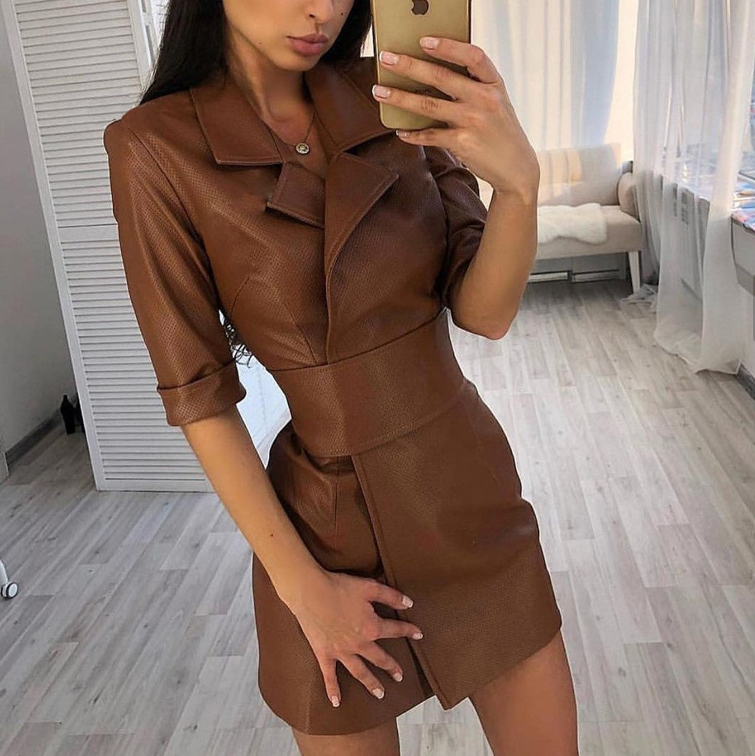 Women's Solid Color Leather Collar Long Sleeve Jackets
