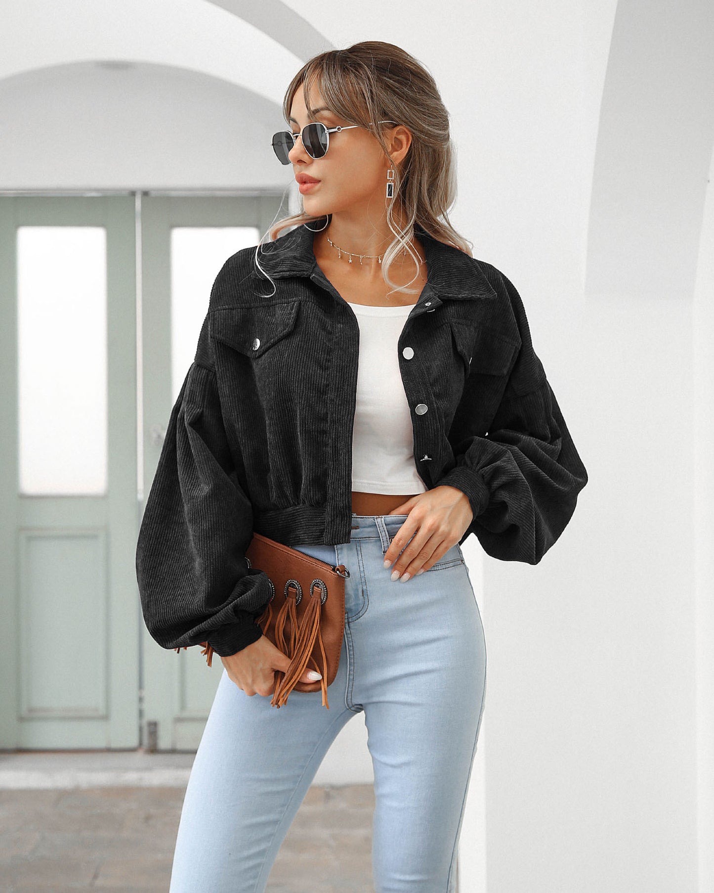 Women's Casual Polo Collar Corduroy Lantern Sleeve Jackets