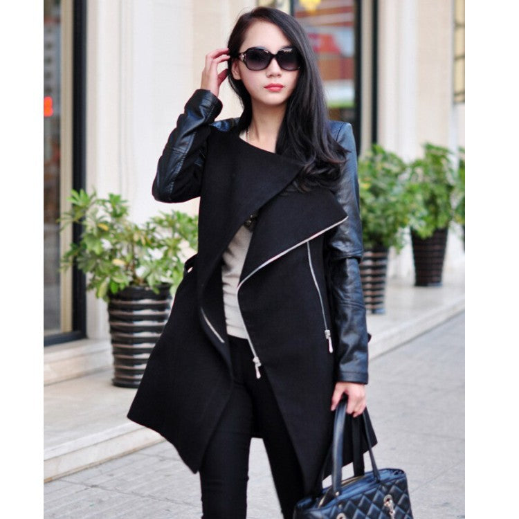 Mid-length Large Stitching Leather Sleeve Woolen Coats