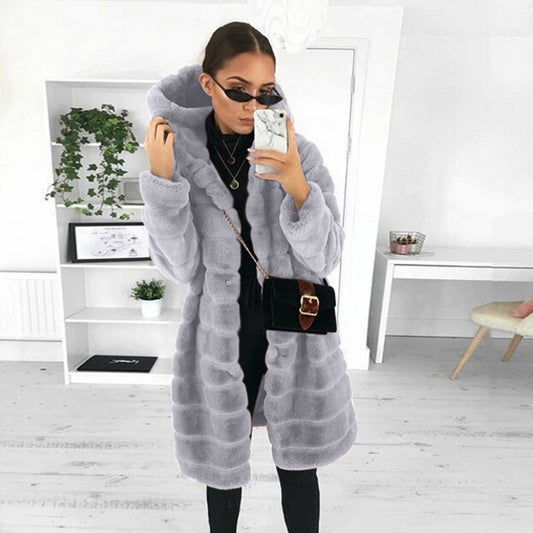 Women's Loose Korean Style Rabbit Plush Thickened Hooded Imitated Coats