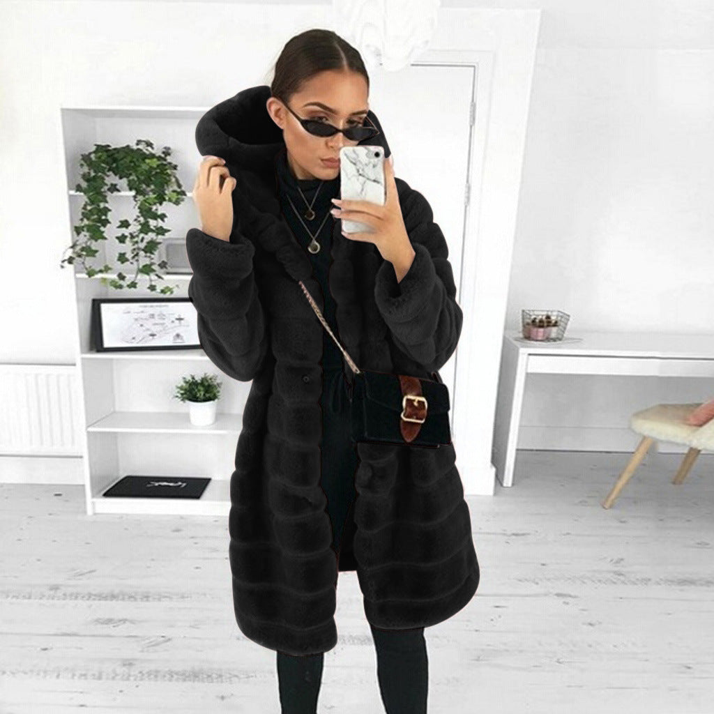 Women's Loose Korean Style Rabbit Plush Thickened Hooded Imitated Coats