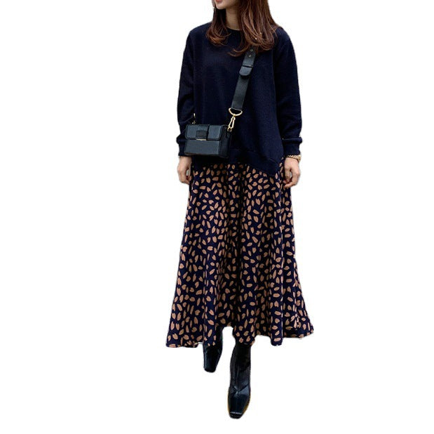 Long-sleeved T-shirt Stitching Printing Swing Dress Dresses