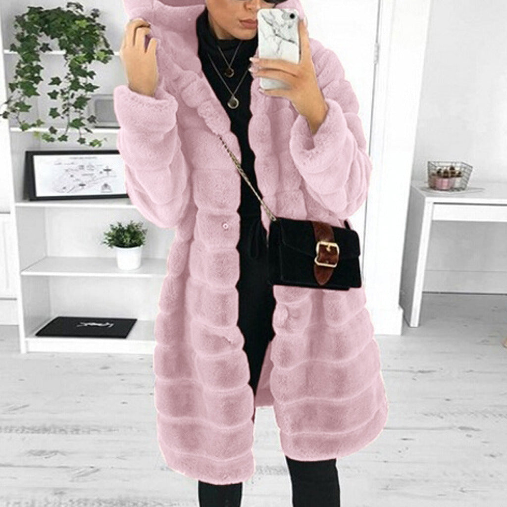 Women's Loose Korean Style Rabbit Plush Thickened Hooded Imitated Coats