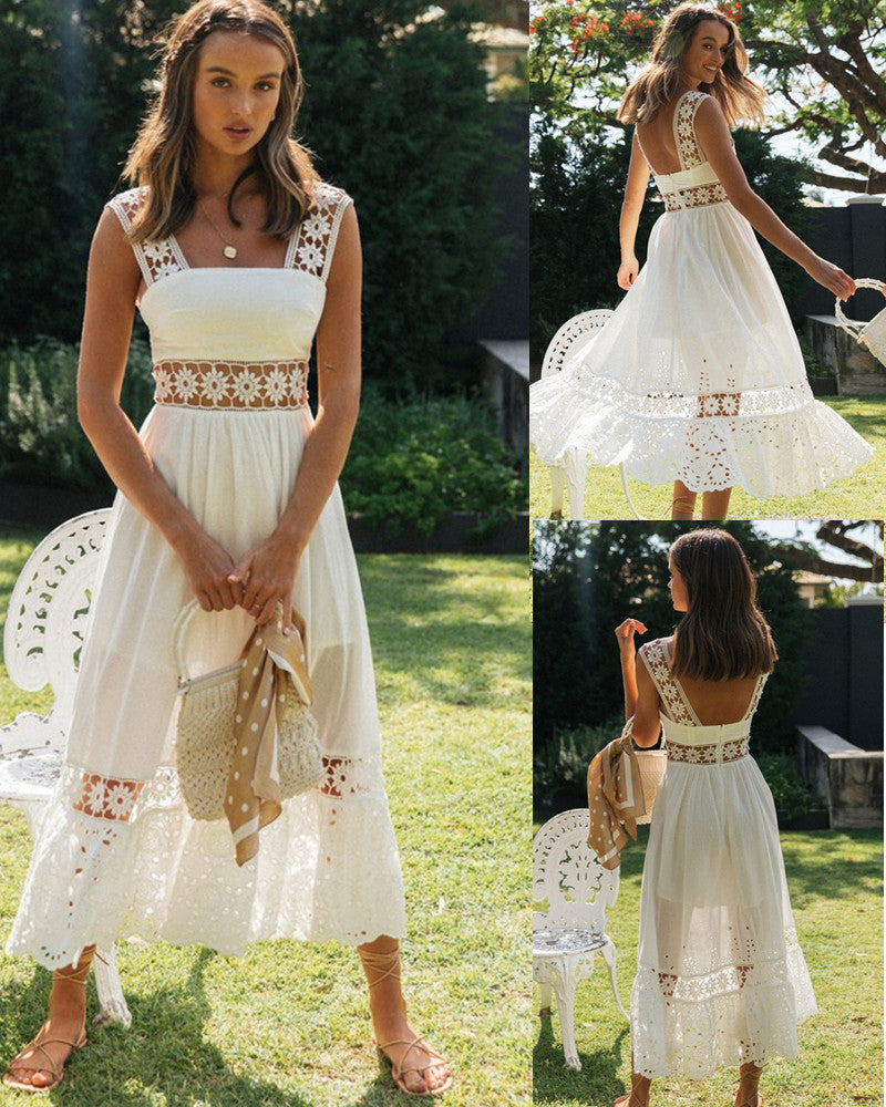 Women's Fashion Long Lace Stitching Big Swing Dresses