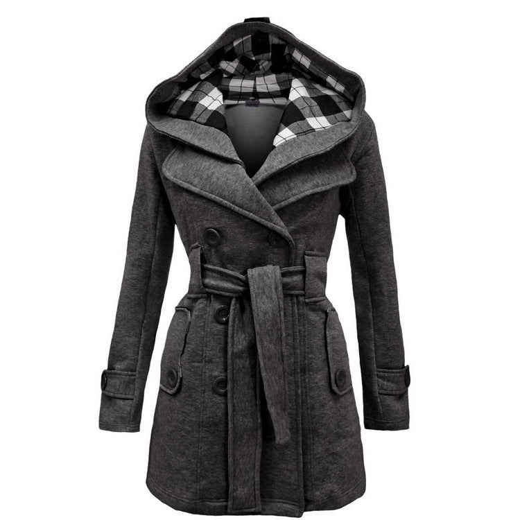 Plaid Hooded Woolen Belt Double-breasted Long Coats