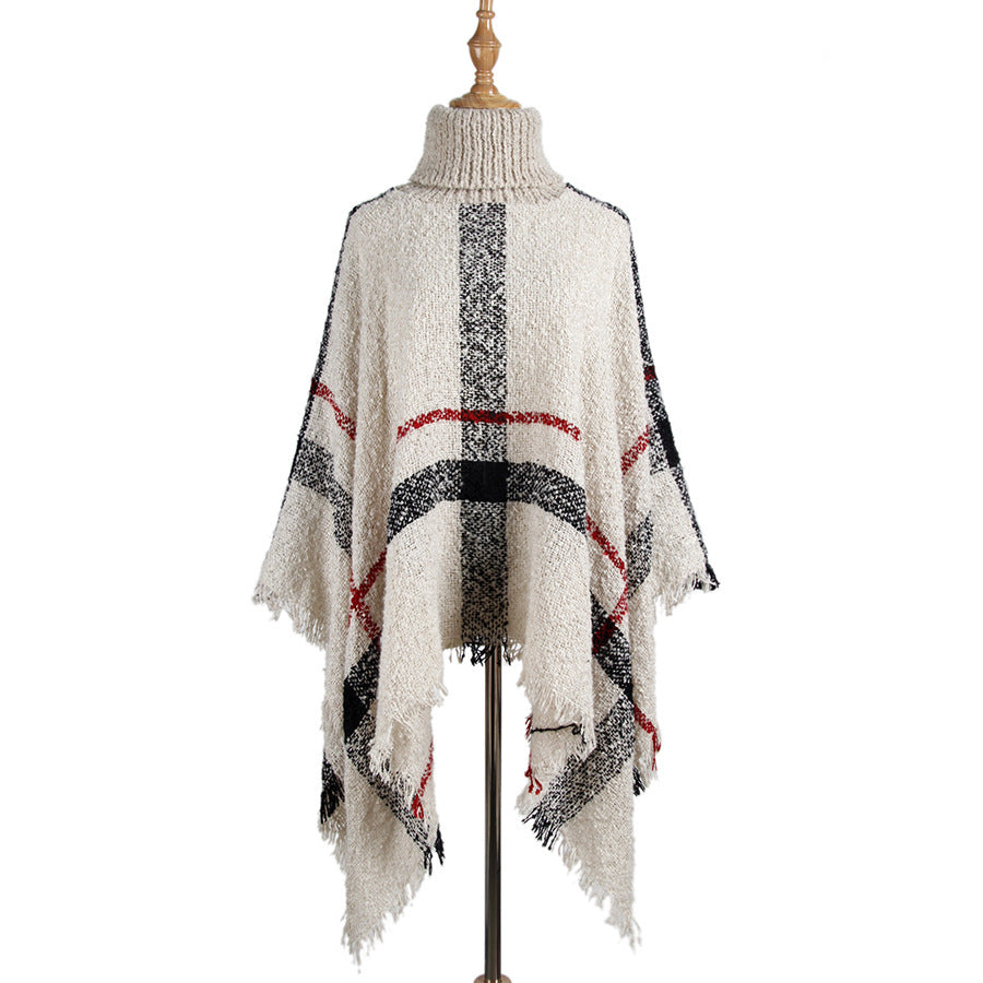 Women's Mid-length Turtleneck Tassel Cape Shawl Loose Plus Size