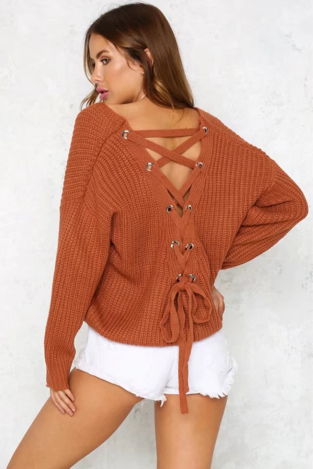 Loose Eyelet Cross Strap Drawstring Hollow Women's Sweater