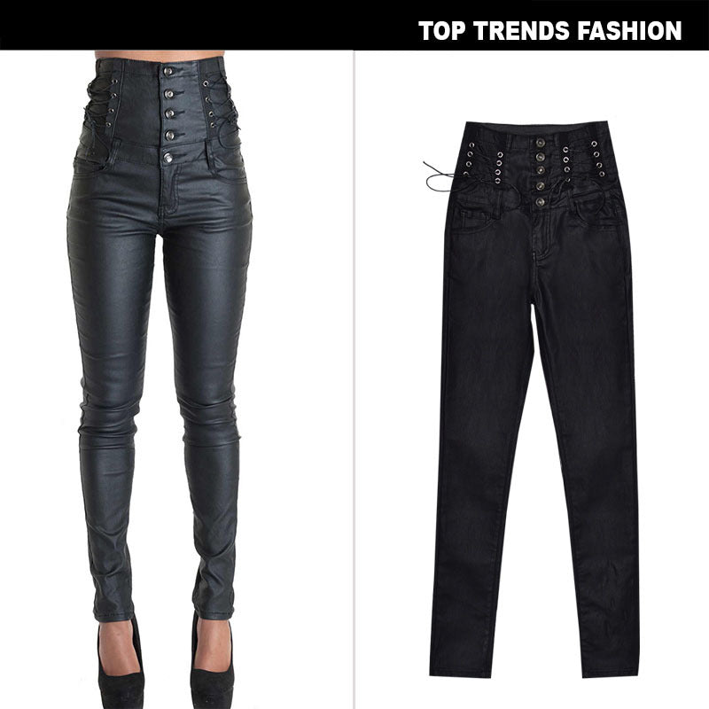 Women's High Waist Breasted Decorative Coating Faux Leather Pants