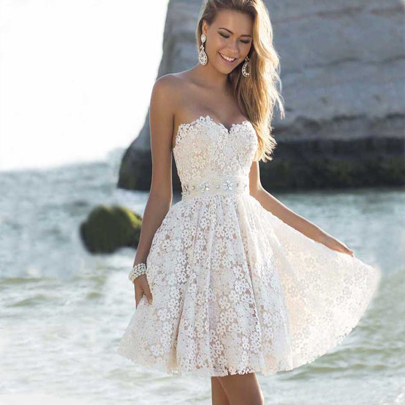 Women's White Floral Wrapped Chest Bridesmaid Puffy Dresses