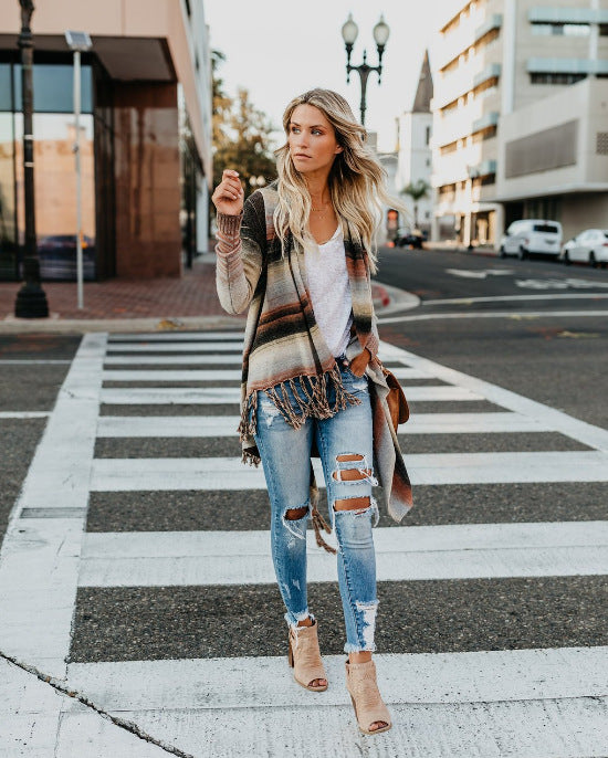 Shawl Knitted Striped Long Sleeve Tassel Sweaters