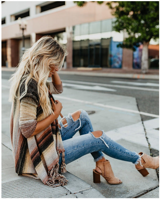 Shawl Knitted Striped Long Sleeve Tassel Sweaters