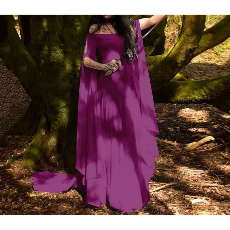 Women's Long-sleeved Round Neck Belt Halloween Long Dress