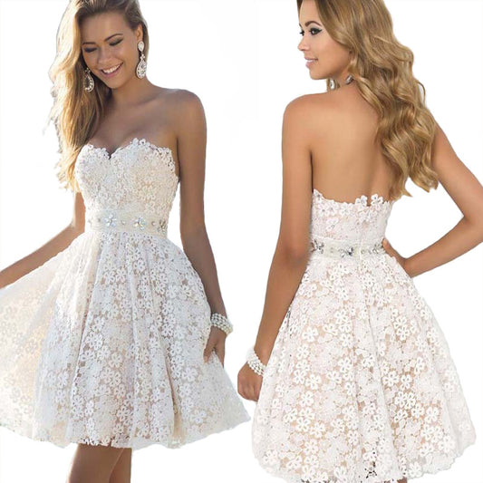 Women's White Floral Wrapped Chest Bridesmaid Puffy Dresses