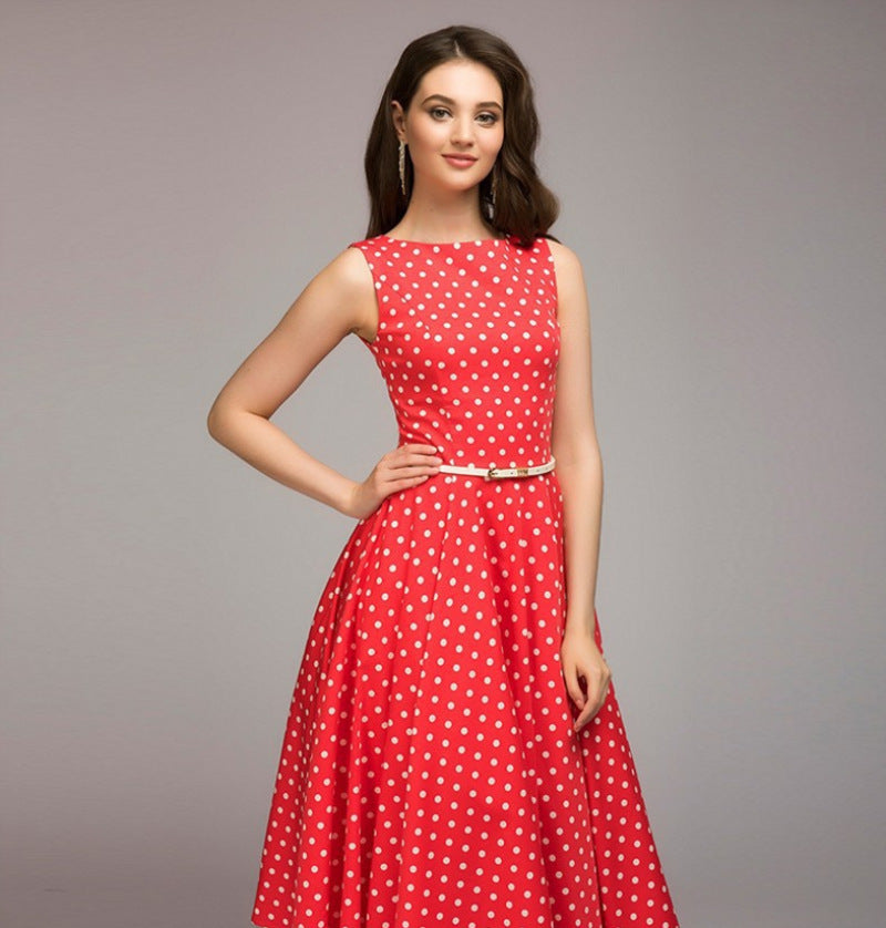 Women's Retro Sleeveless Wide Hem Printed Polka Dresses