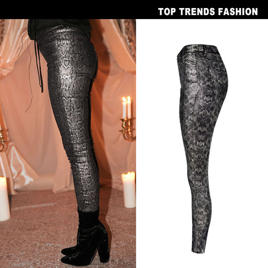 Women's Waist Stretch Coated Sier Snake Pattern Pants