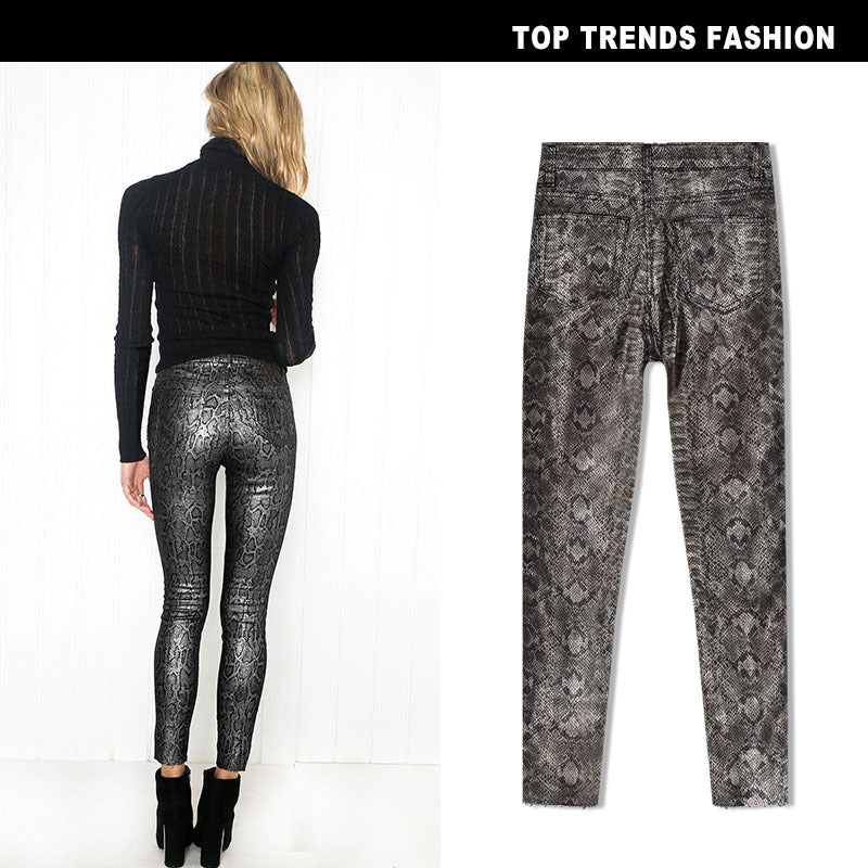 Women's Waist Stretch Coated Sier Snake Pattern Pants