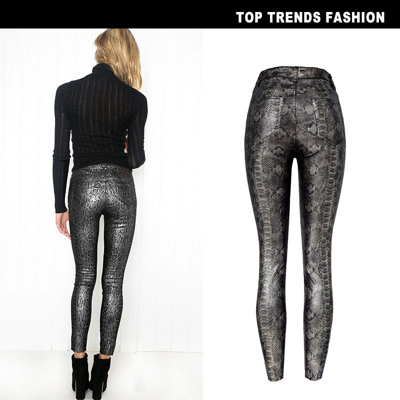 Women's Waist Stretch Coated Sier Snake Pattern Pants