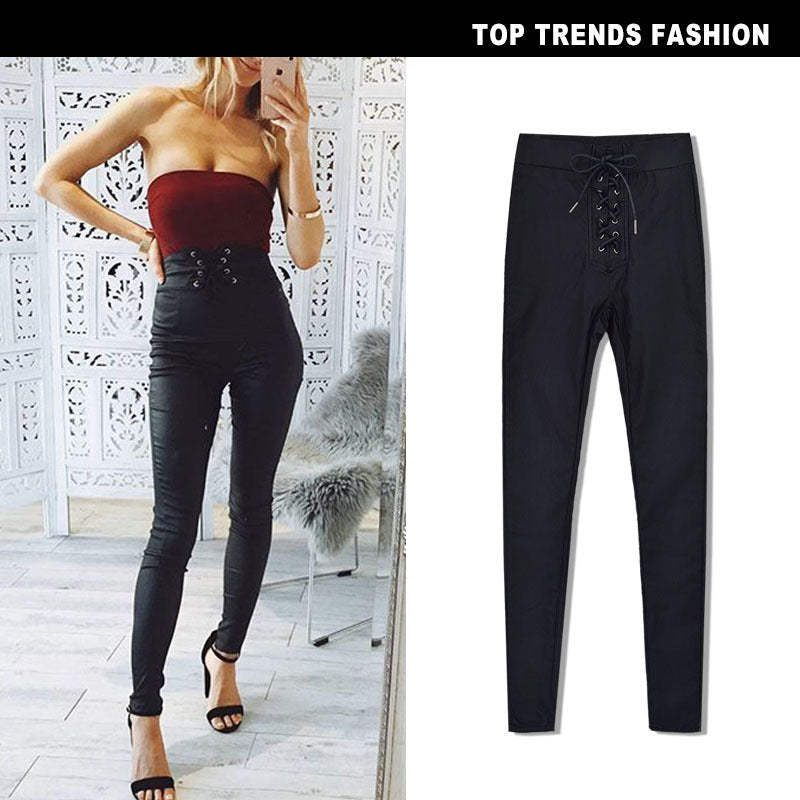 Women's Elastic Metal Open Hole Bandage Coating Imitation Jeans
