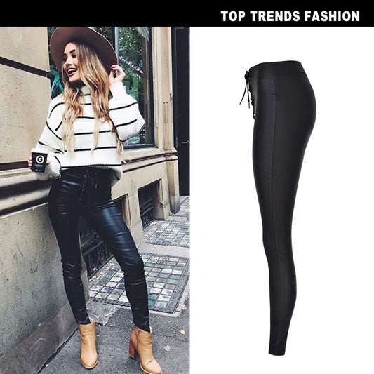 Women's Elastic Metal Open Hole Bandage Coating Imitation Jeans