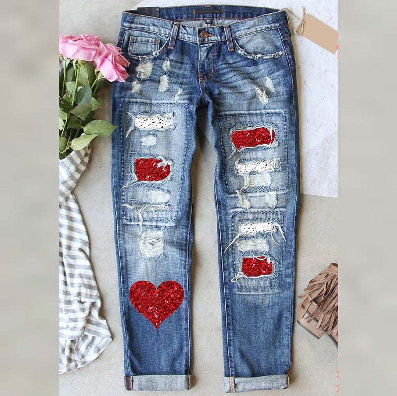 Women's Valentine's Day Printed Large Casual Jeans