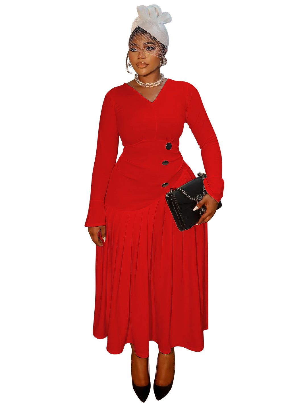Women's Autumn Waist Trimming Fashion Pleated Long Dresses