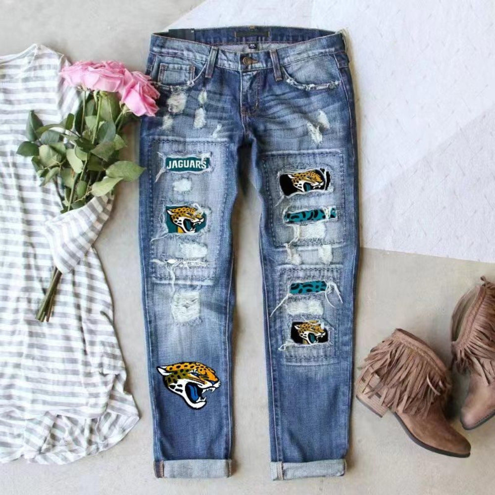 Women's Fashion Printed Ripped Trousers Slimming Jeans