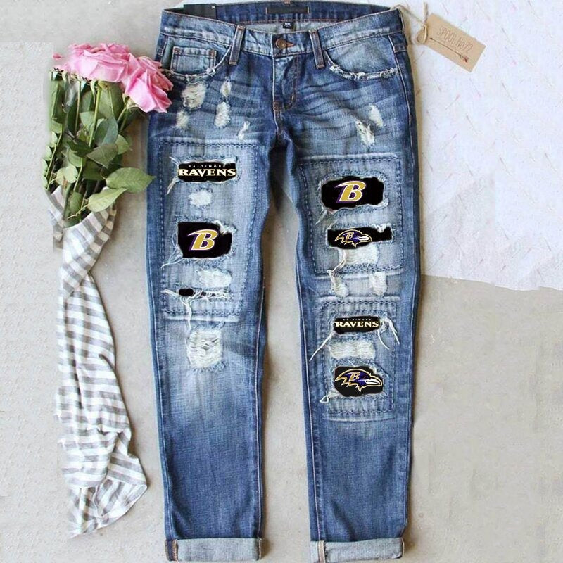 Women's Ripped Print Street Contrast Color Straight Jeans