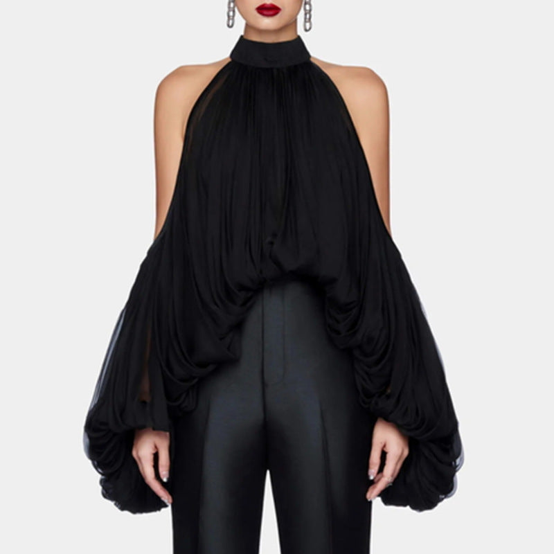 Women's Bow Chiffon Shirt Sweet Halter Puff Blouses