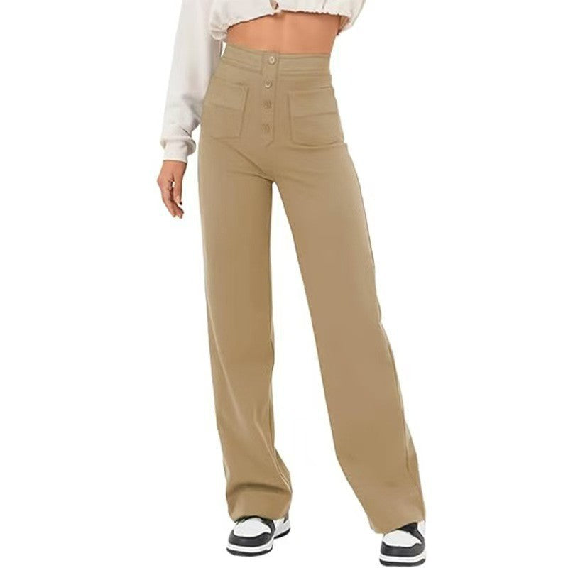 Women's Casual High Waist Texture Button Elastic Pants